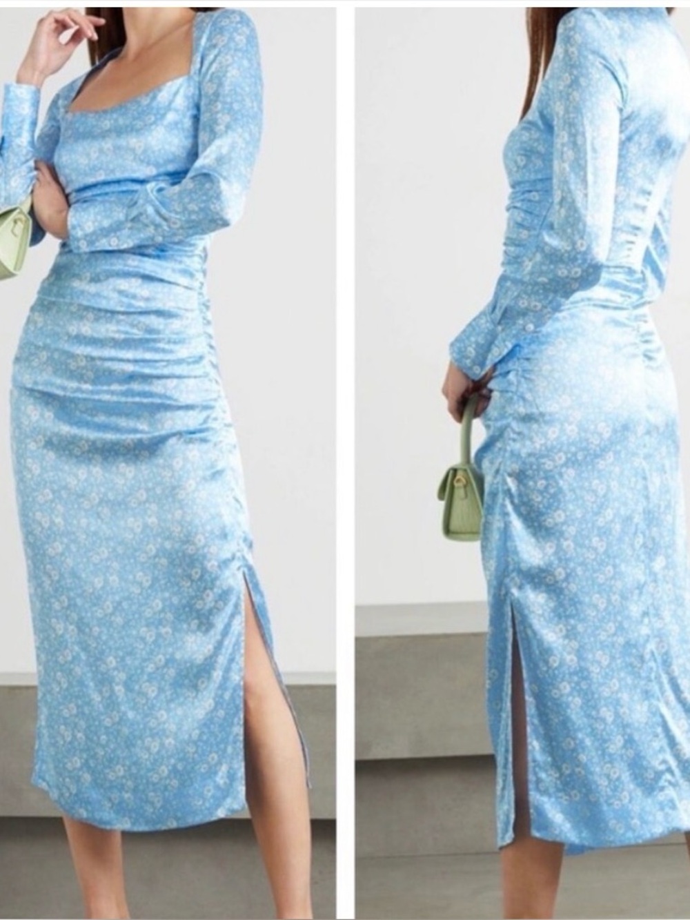 Ganni Light Blue Floral Ruched Long Sleeve Dress